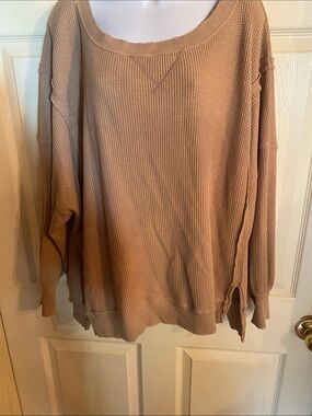 American Eagle Outfitters Beige Waffle-Knit Scoop Neck Pullover